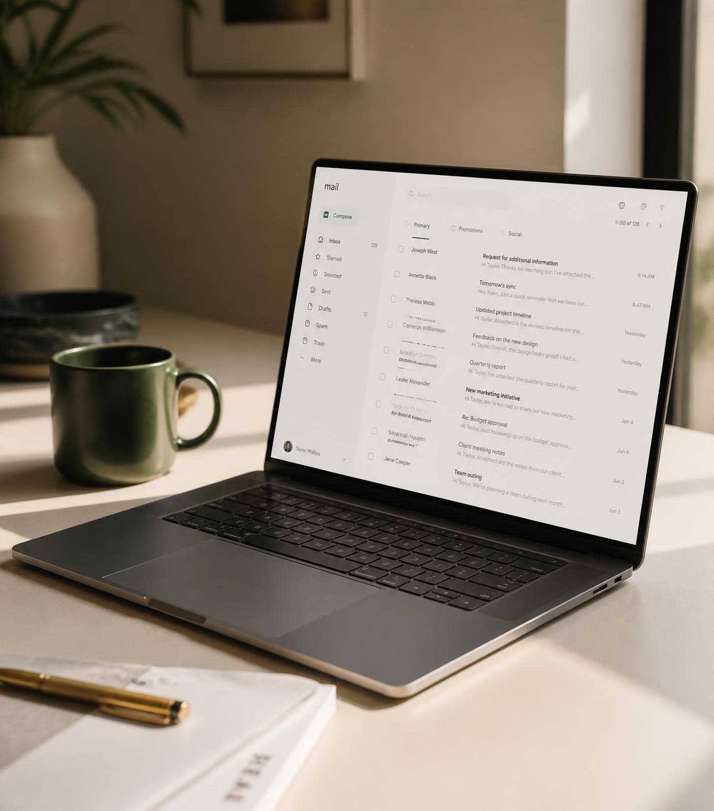 A laptop on a desk showing a tidy business email inbox
